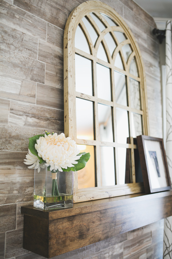 Inspiration for a mid-sized transitional formal and enclosed light wood floor home design remodel with beige walls, a corner fireplace, a tile fireplace and no tv