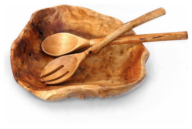 Enrico Root Wood Large Salad Bowl with Enrico Root Servers