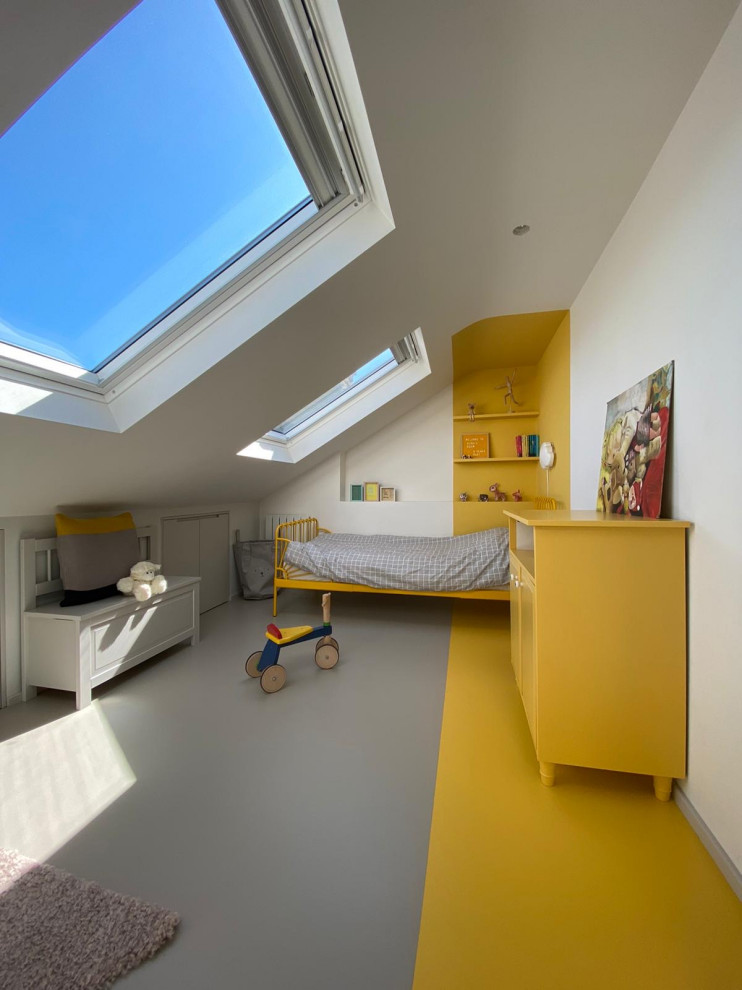 This is an example of a mid-sized modern bedroom in London with multi-coloured walls, vinyl floors and multi-coloured floor.