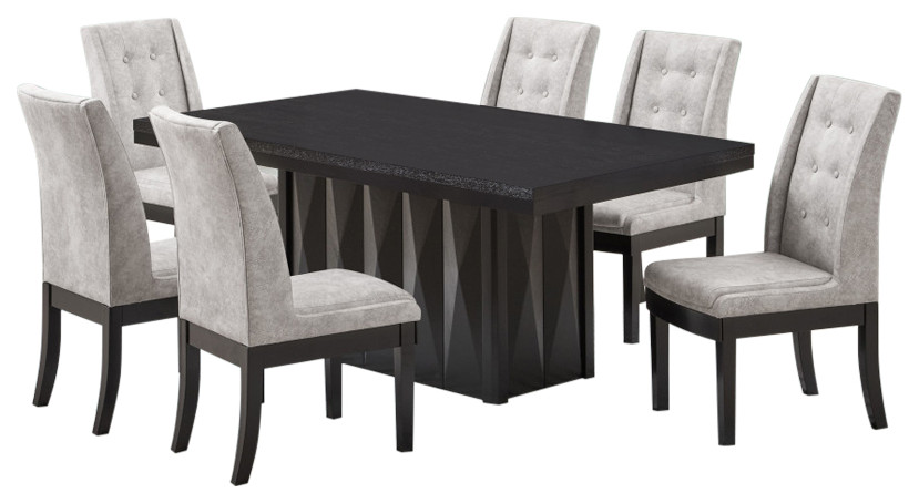 7 Piece Dining Set, Cappuccino Wood and Silver Fabric, Table and 6 Chairs