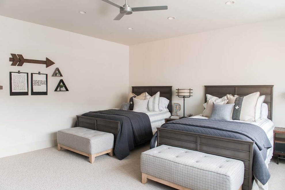 Inspiration for a beach style gender-neutral kids' bedroom in Salt Lake City with white walls, carpet and beige floor.