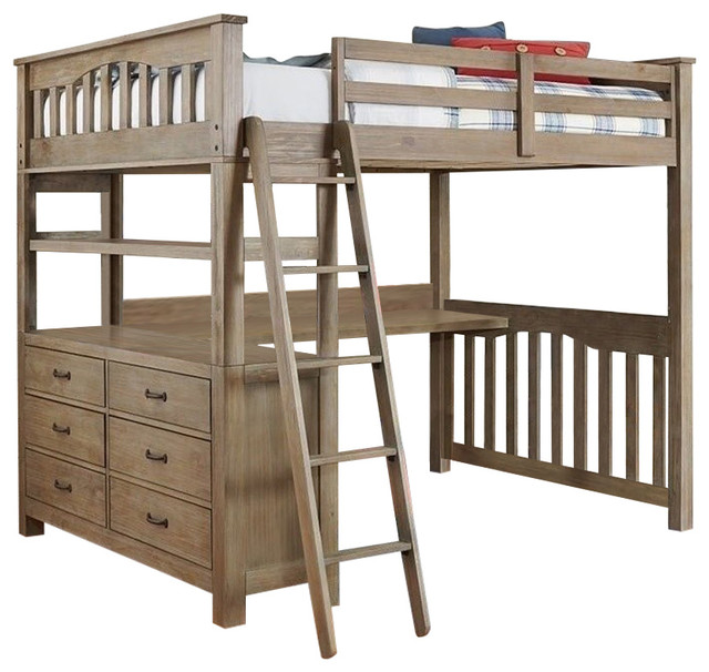 Bowery Hill Full Loft Bed With Desk In Driftwood Farmhouse
