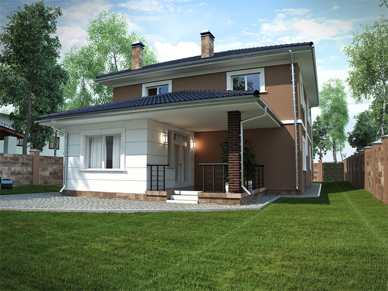 Проект двухэтажного дома с террасой, балконом, крыльцом и тамбуром