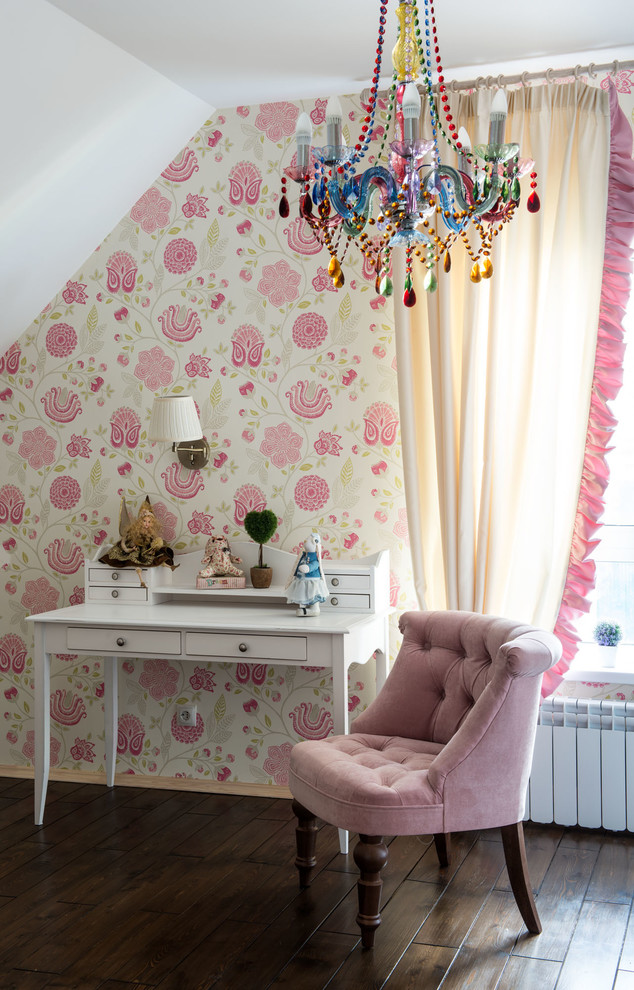 Inspiration for a mid-sized eclectic kids' study room for kids 4-10 years old and girls in Moscow with pink walls and dark hardwood floors.