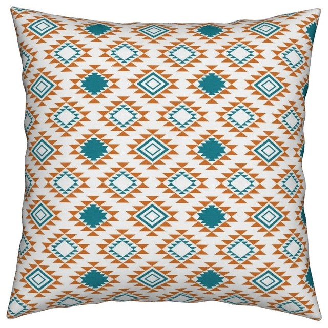 Orange Teal Turquoise Aztec Geometric Diamond Throw Pillow