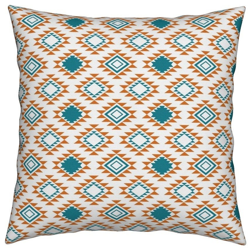 Orange Teal Turquoise Aztec Geometric Diamond Throw Pillow