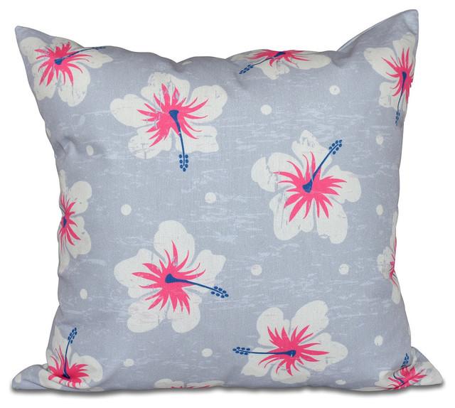 Hibiscus Blooms, Floral Print Outdoor Pillow, Gray, 18"x18"