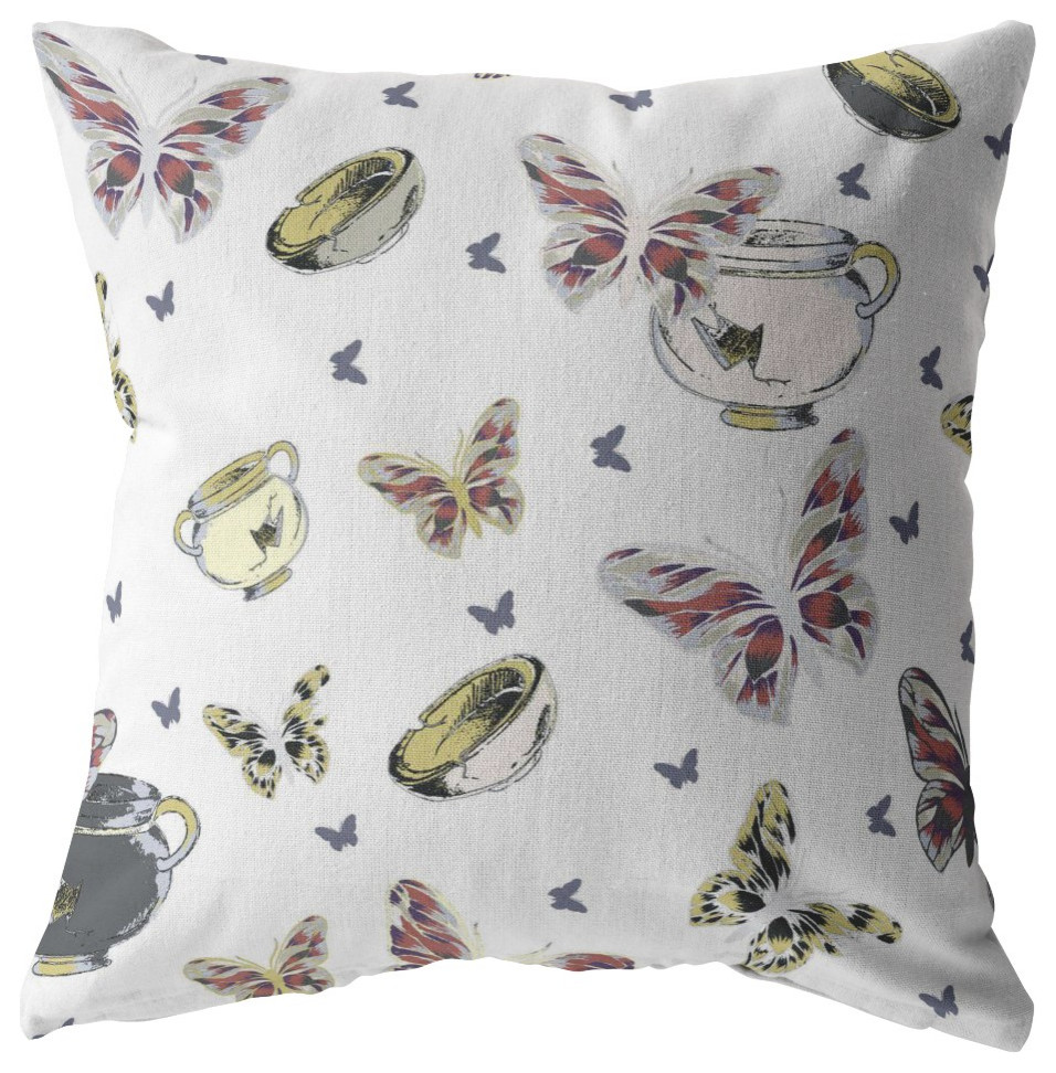 26" White Butterflies Indoor Outdoor Throw Pillow