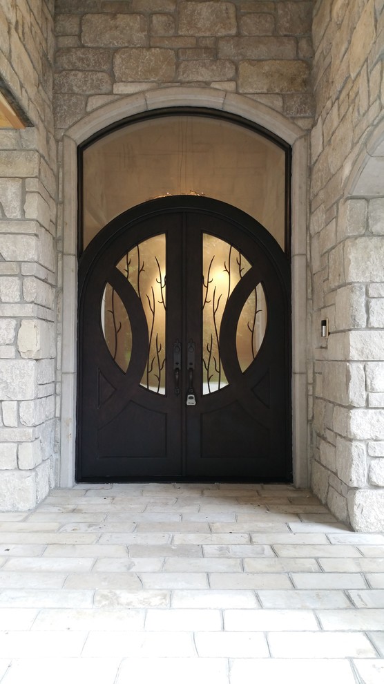 Front door - mid-sized transitional front door idea in Denver with a black front door