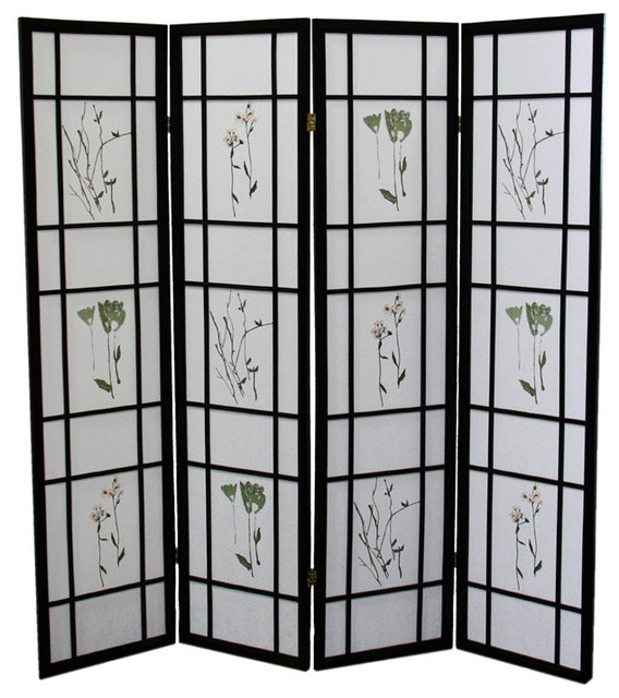 4 Panel Botanical Shoji Screen - Black