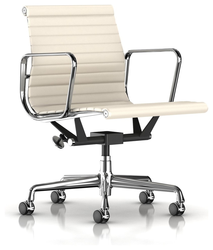 Eames Aluminum Management Chair, Ivory Leather, Manual Height Adust
