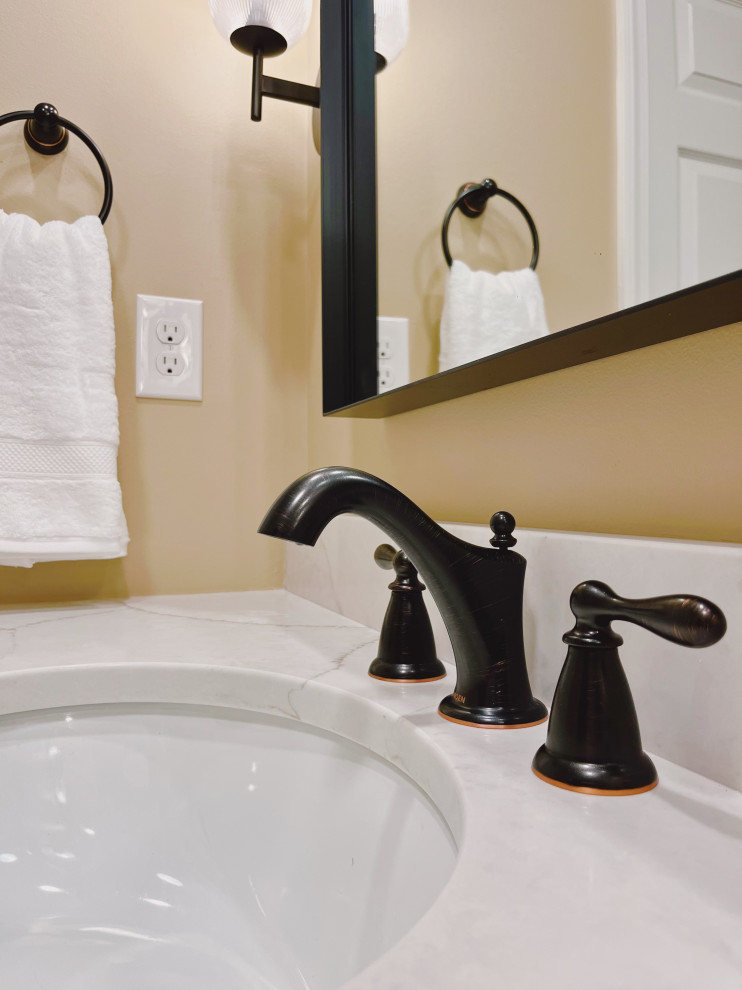 Inspiration for a mid-sized transitional master ceramic tile porcelain tile, beige floor and double-sink alcove shower remodel with shaker cabinets, dark wood cabinets, a two-piece toilet, beige walls, an undermount sink, quartz countertops, beige countertops and a built-in vanity