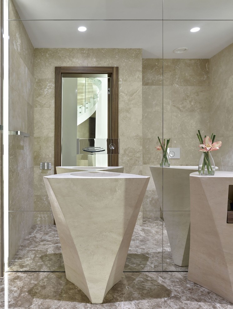 Large contemporary bathroom in Moscow with beige tile, travertine, beige walls, marble floors, a pedestal sink and beige floor.