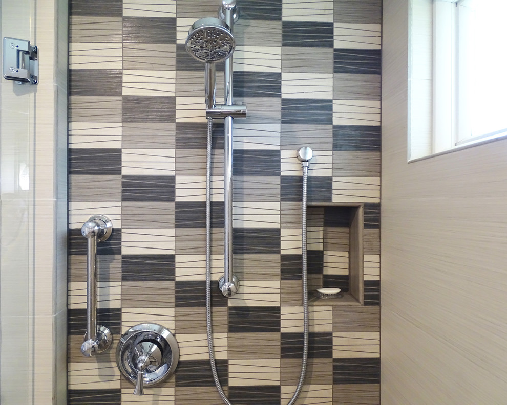 Mid-sized transitional master gray tile and ceramic tile ceramic tile walk-in shower photo in Austin with white cabinets, purple walls and quartzite countertops
