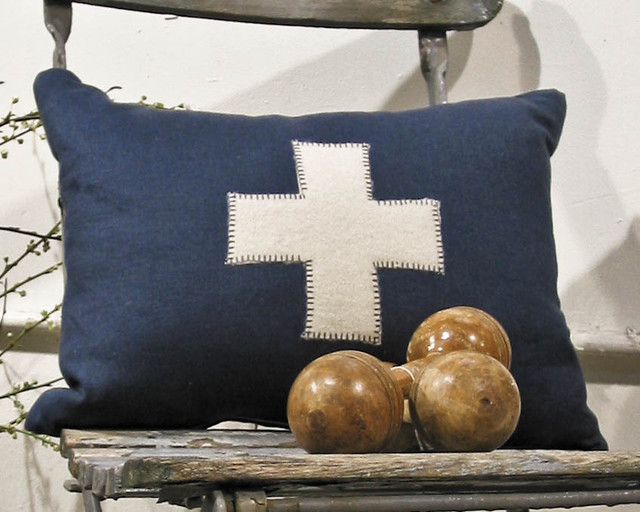 Cream Cross Pillow on Navy Linen