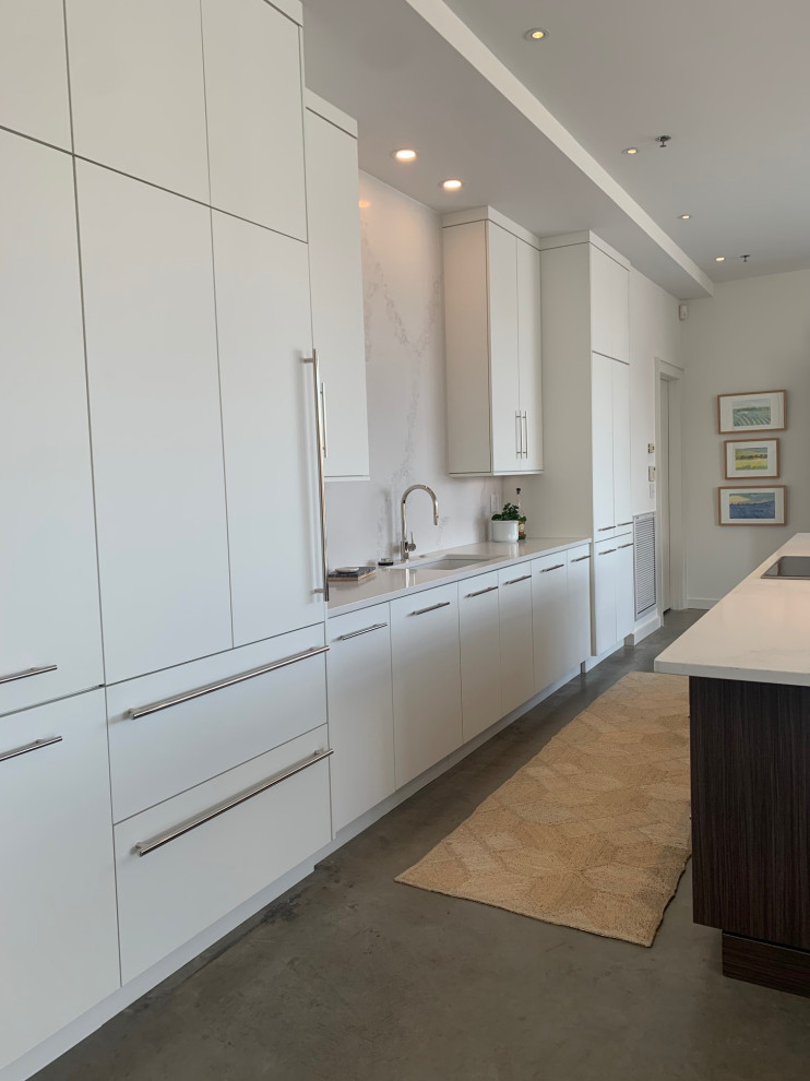 Photo of a large contemporary galley open plan kitchen in New Orleans with flat-panel cabinets, white cabinets, integrated appliances, concrete flooring and an island.