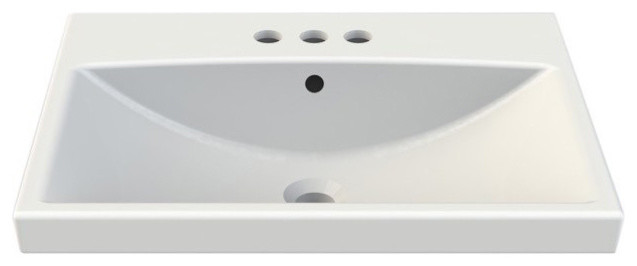 Rectangle White Ceramic Wall Mounted or Self Rimming Sink, White, Three Hole
