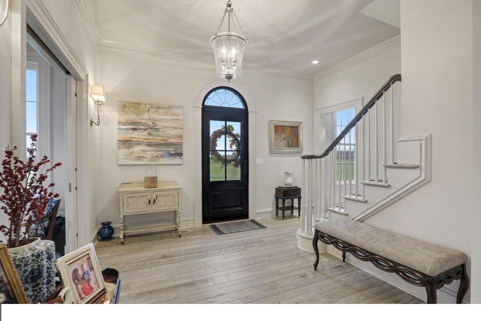 Mid-sized transitional light wood floor foyer photo in DC Metro with gray walls and a black front door