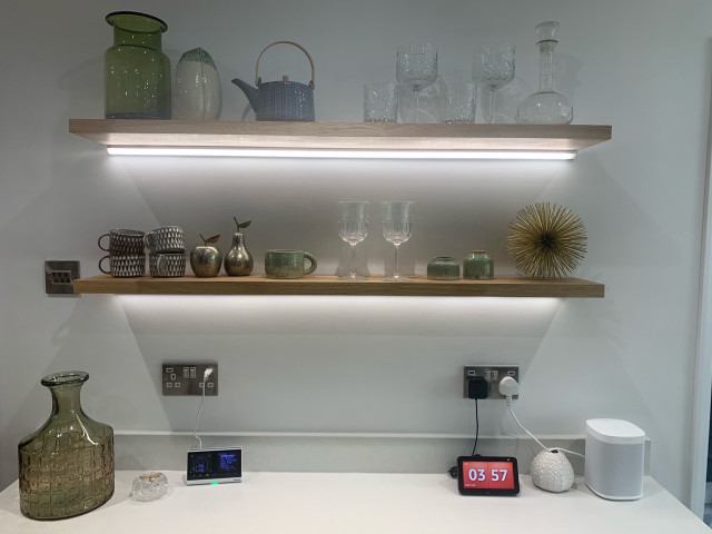 Floating oak shelves with LED strip lighting - Contemporary - Kitchen - by  Lima Kitchens | Houzz IE