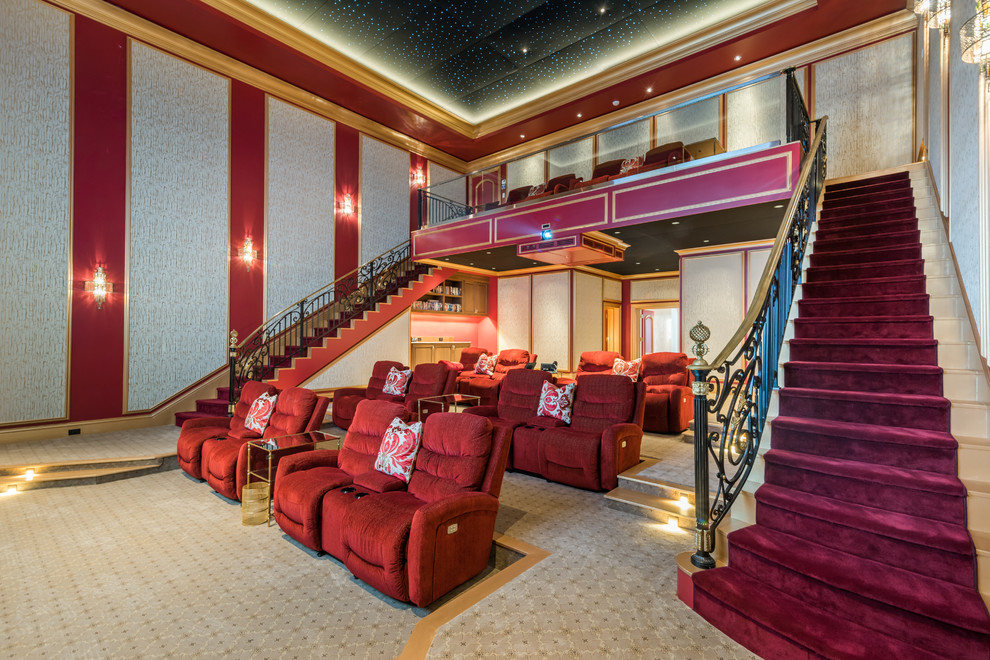 Mediterranean enclosed home theatre in Miami with red walls and multi-coloured floor.