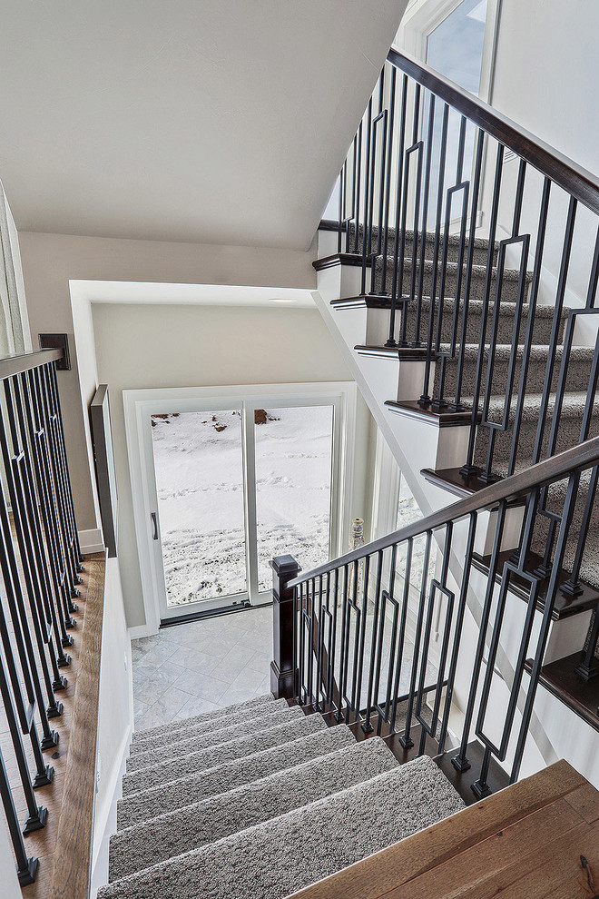 Large transitional carpeted u-shaped staircase in Other with carpet risers and wood railing.
