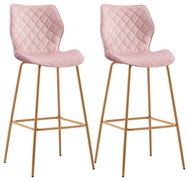 Set of 2 Curvy Diamond Stitched Velvet Bar Stools Contemporary Bar