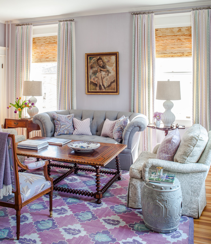 Inspiration for a mid-sized eclectic formal enclosed living room in DC Metro with purple walls, medium hardwood floors, no fireplace and no tv.