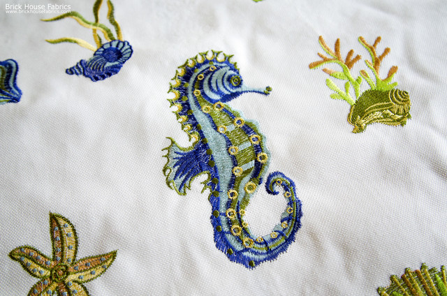 Embroidered seahorse fabric white blue