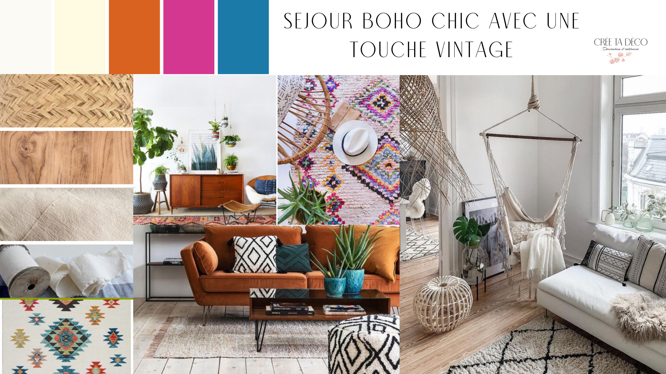 Moodboard séjour boho chic, touche vintage