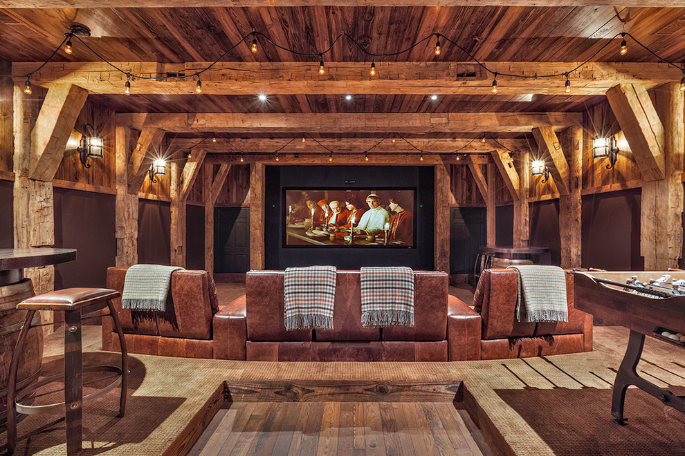 Design ideas for an expansive country enclosed home theatre in Other with brown walls, medium hardwood floors, a projector screen and brown floor.