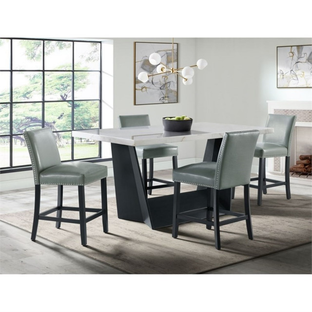 Maklaine Contemporary Marble Counter Height White 5PC Dining Set in ...