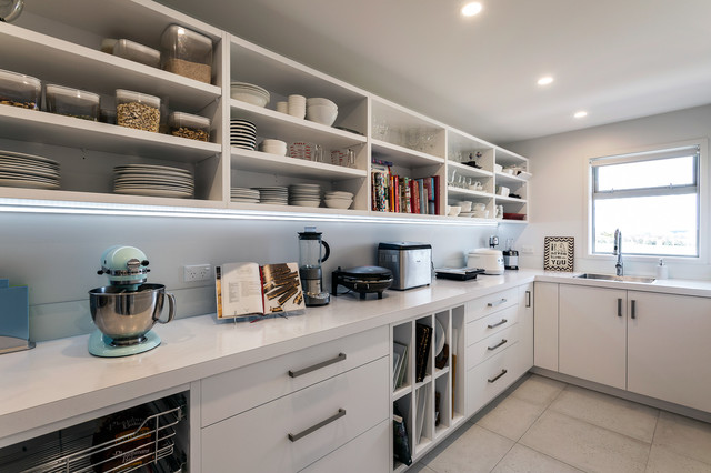 Large Walk In Scullery With Open Shelves And Sink Modern