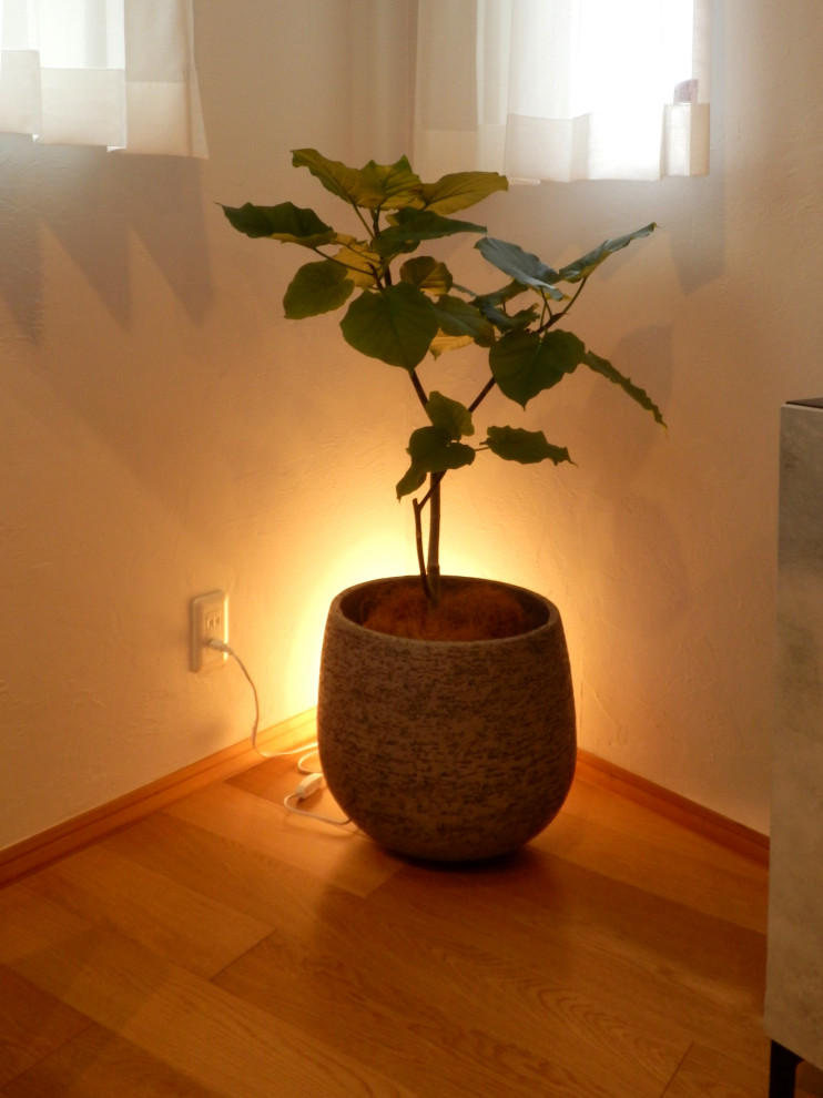 Kleines, Offenes Nordisches Wohnzimmer ohne Kamin mit weißer Wandfarbe, braunem Holzboden, freistehendem TV und beigem Boden in Tokio