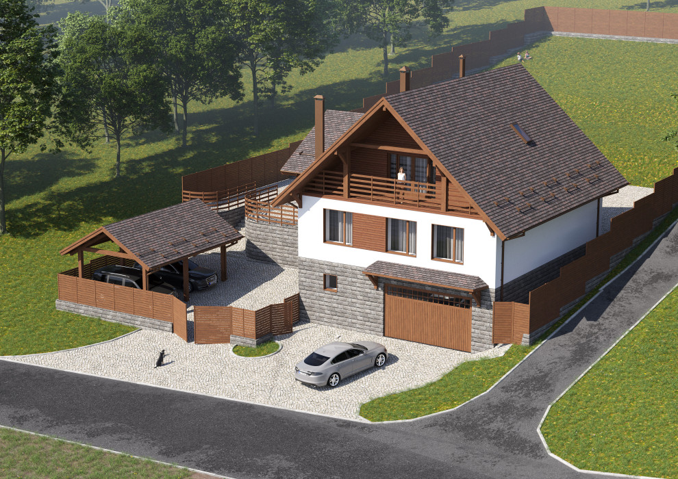 Проект 3-этажного 5-комнатного мансардного дома в стиле шале