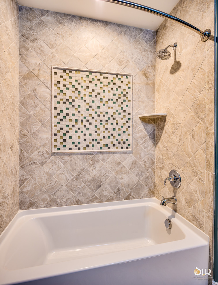 Alcove bathtub - transitional 3/4 dark wood floor and beige floor alcove bathtub idea with flat-panel cabinets, light wood cabinets and gray walls