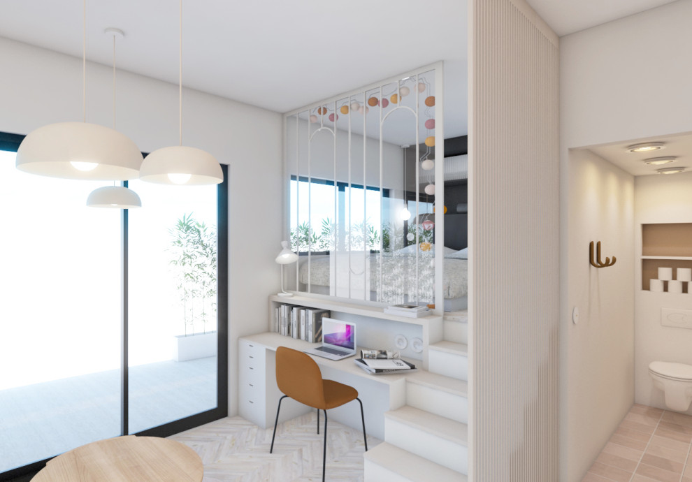 Idée de décoration pour une petite chambre mansardée ou avec mezzanine beige et blanche minimaliste avec un mur beige, parquet clair et verrière.