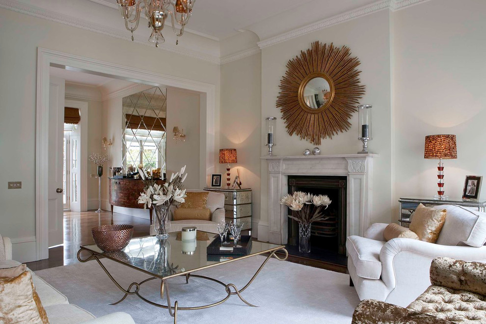 Inspiration for a large contemporary formal open concept living room in London with white walls, a standard fireplace, no tv, a stone fireplace surround and carpet.