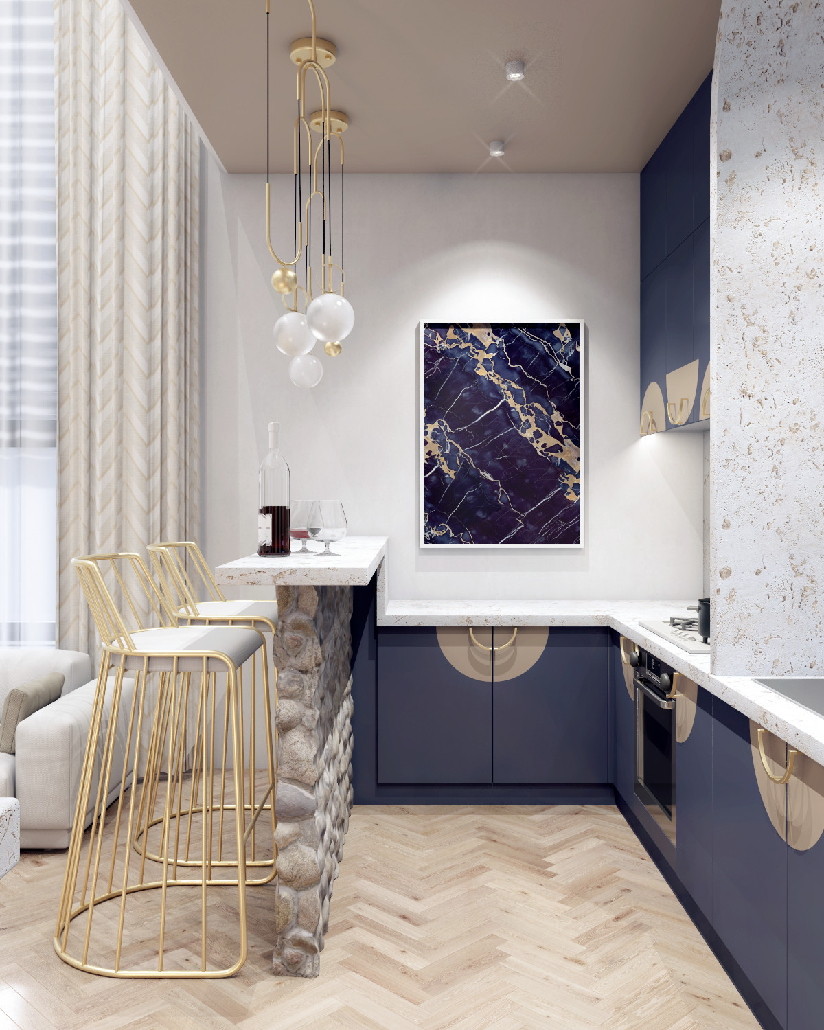 Дизайн проект гостиной с кухней в загородном доме