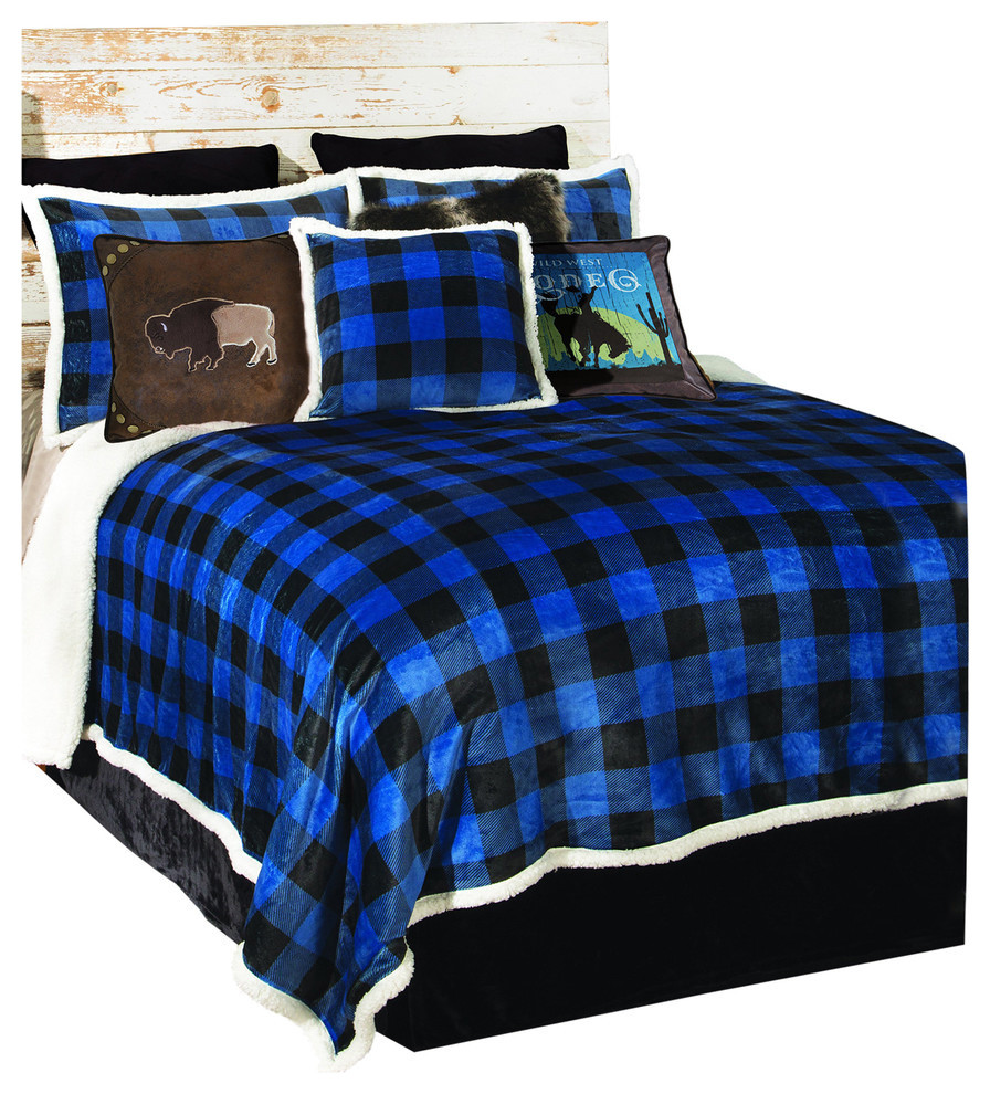 Blue Lumberjack Buffalo Plaid Sherpa Fleece 3Piece Comforter Set