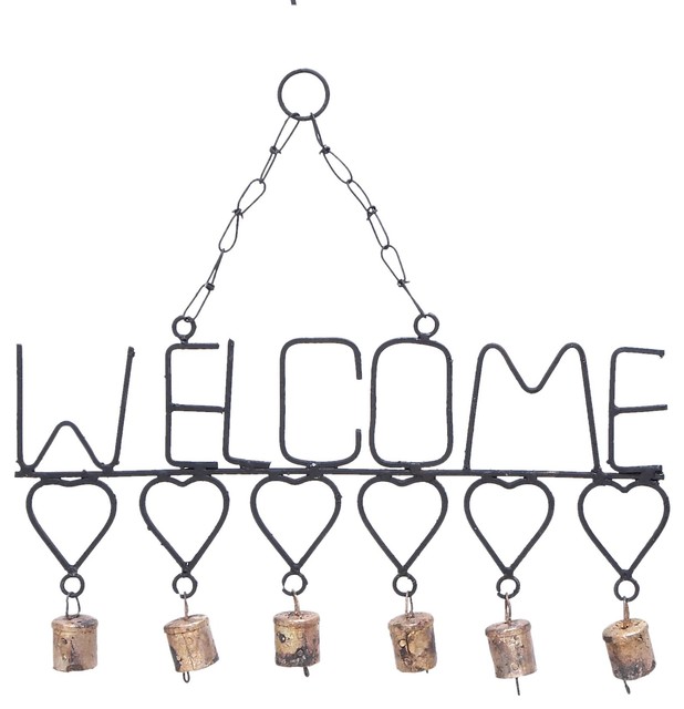 Wind Chimes with Metal Hearts Bells and Welcome Sign Patio Accent Decor 26753