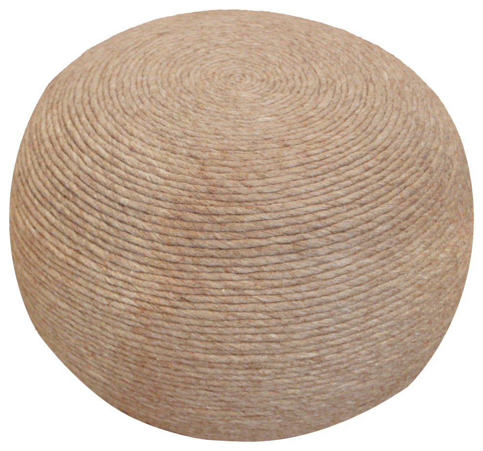 Ellie Round Pouf in Beige Wool With Polyester Filling Transitional