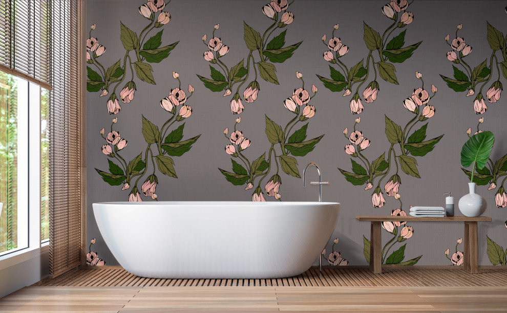 Design ideas for a contemporary bathroom in Los Angeles with a freestanding bath, purple walls and wallpapered walls.