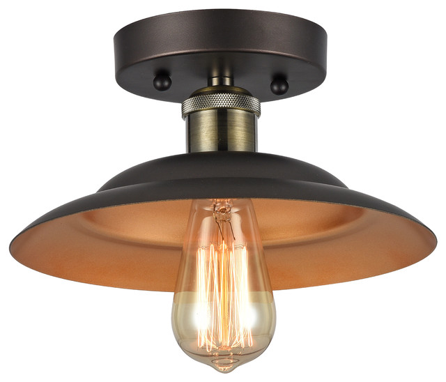 IRONCLAD, 1 Light Rubbed Bronze Semi-flush Ceiling Fixture, 10" Shade industrial-flush-mount-ceiling-lighting
