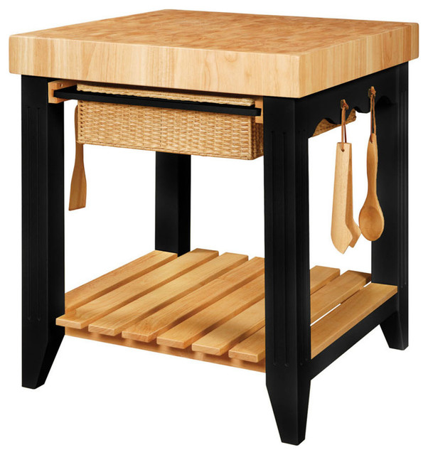 Butcher Block Kitchen Island in Antique Black & Brown Finish Tropical Kitchen Islands And