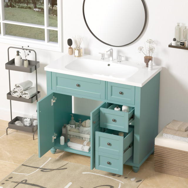 36" Freestanding Bath Vanity Set, Blue-Green, Integrated Resin Sink ...