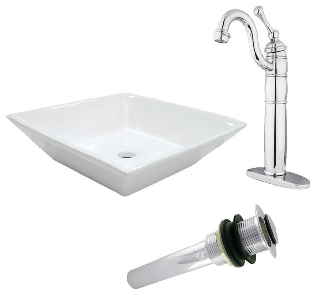 Vessel Sink,Heritage Sink Faucet & Drain Combo, White/Polished Chrome