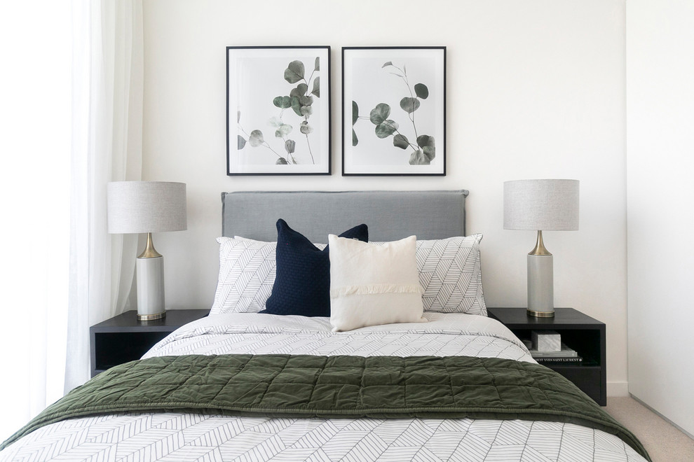Inspiration for a contemporary bedroom in Sydney with white walls, carpet and beige floor.