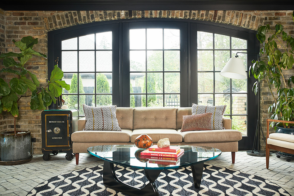 Inspiration for a transitional sunroom in Grand Rapids with brick floors and grey floor.