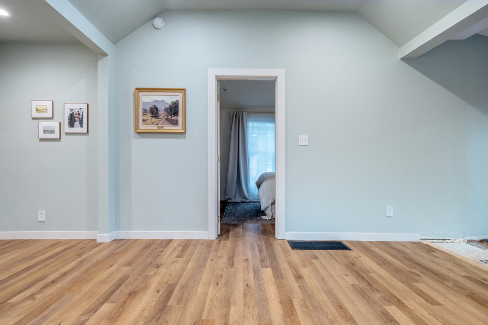 Cette image montre un petit couloir traditionnel avec un mur vert, un sol en vinyl, un sol marron et un plafond décaissé.