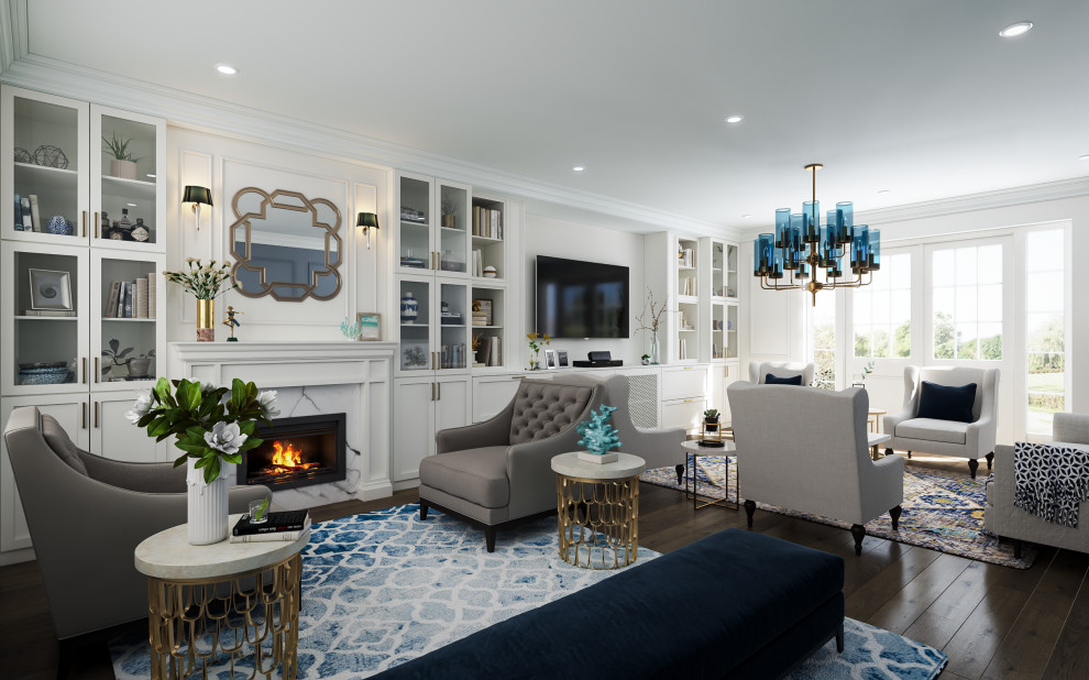 Inspiration for a large traditional formal open concept living room in Melbourne with white walls, painted wood floors, a standard fireplace, a stone fireplace surround, a built-in media wall, black floor and decorative wall panelling.